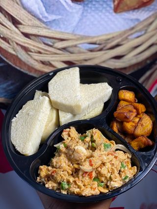 Yam, plantain and egg sauce 