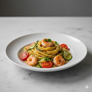 Tagliatelle con gamberi, zucchine, datterini