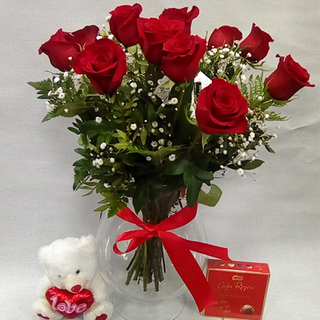 12 Rosas, peluche y bombones
