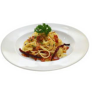 Pasta de arroz salteado con tocino