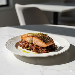 Salmone croccante con cipolla caramellate