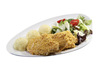  Хрупкави пилешки филета с картофено пюре и салата (350г)