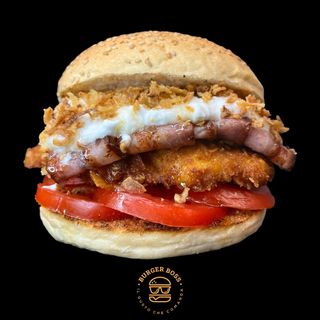 Hamburger di pollo Frank Lucas con patatine e salsa a scelta