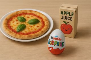 Zestaw  Pleciuga (dzieciecy) Mała Pizza Dolinka (Margherita) + kinder niespodzianka+sok Jabłkowy 0,2L+ Ketchup