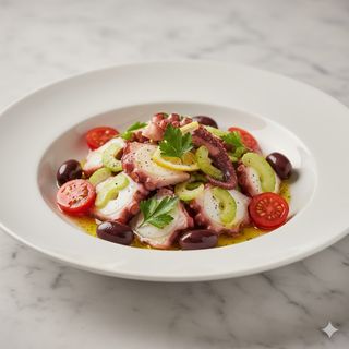 Insalata di piovra con sedano, olive taggiasehe, datterini