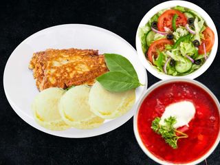 Zestaw: ZUPA + Dorsz Smażony + Dodatki + Surówki