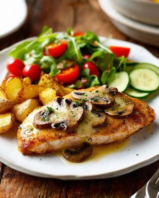 Filet z kurczaka, pieczarki, ser, ziemniaki, surówka