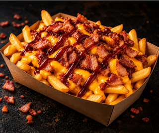 Frytki z sosem cheddar, grillowanym bekonem i sosem BBQ