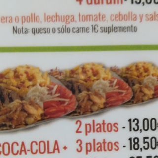 4 Platos ternera o pollo dentro ensalada ,salsa. Y patatas y cola 1 L.