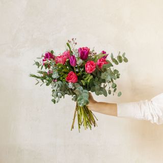 Ramo de tulipanes dobles fucsias y violetas