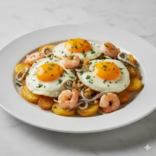 Huevos rotos con gulas y gambas