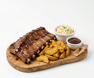 Coastă de porc afumată prăjită cu cartof crocant, sos BBQ și coleslaw