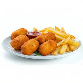 Croquetas de pollo con patatas fritas