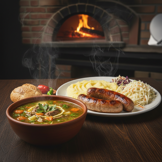 Ciorba de perisoare + carnaciori la gratar cu piure si varza alba