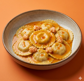 Ravioli di pesce con bisque di gamberi