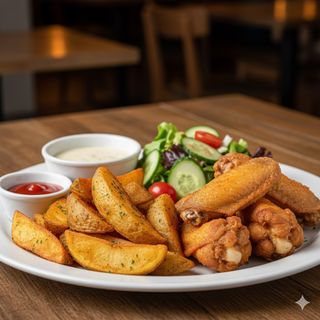 Aletta di pollo con patate e insalata