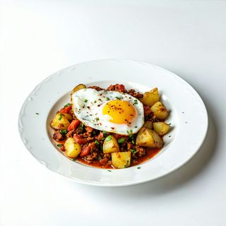 Plato Combinado De Picadillo De Chorizo Con Huevo Y Patatas