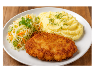 Pierś z kurczaka panierowana z purée i surówką