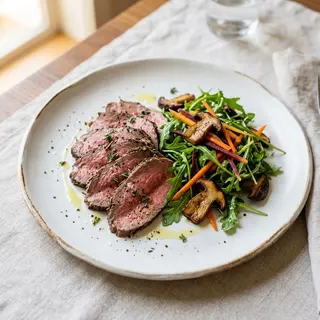 Roastbeef di manzo, carote julienne, funghi porcini trifolati, rucola
