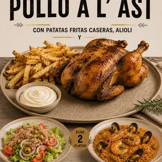 POLLO + PATATAS + 2 PLATOS A ELEGIR+ ALIOLI-