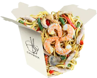 Udon cu crevete și carne de pui