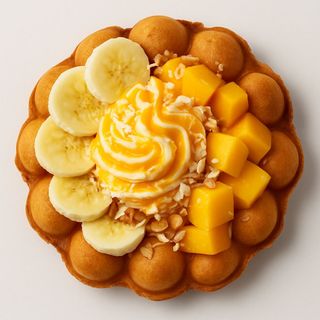 Bubble waffle - mango, variegato arancia, cocco, banane, granella mandorle