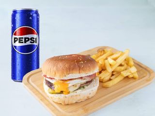Burger vratolomija, pomfrit i Pepsi
