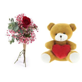 UNA ROSA ROJA CON PELUCHE OSO CON CORAZÓN