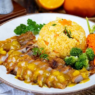 Rata in sos de portocale, orez cu legume