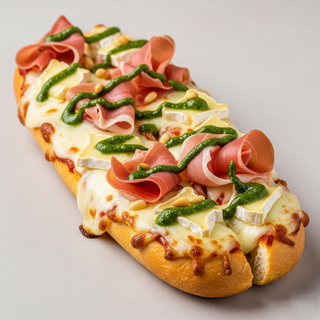 Baguette con mozzarella, prosciutto crudo, brie, pesto e salsa di pomodoro a parte