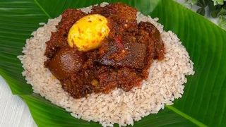 Ofada, egg and agemawo rice
