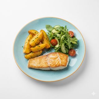 Filetto di branzino con patate al forno e insalata