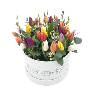 Caja de tulipanes Multicolor con verdes variados (20 uds)