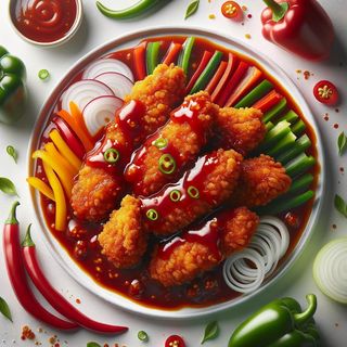 Kurczak w panierce w sosie pikantnym z warzywami