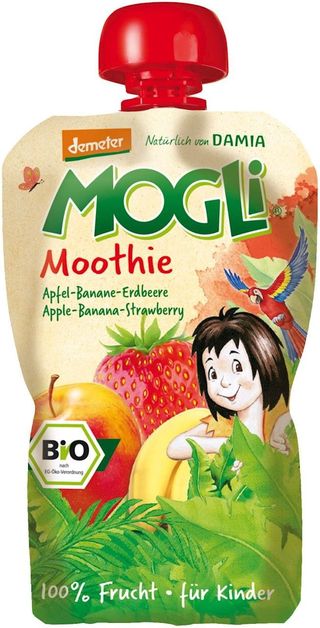 MOOTHIE - PRZECIER JABŁKOWY Z BANANEM I TRUSKAWKĄ 100% OWOCÓW BEZ DODATKU CUKRÓW BIO 100 g - MOGLI