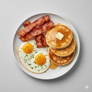 Uova occhio di bue con bacon e pancakes