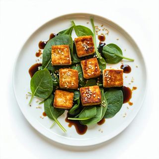 Smażone tofu po koreańsku na szpinaku