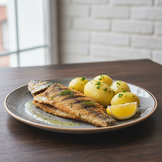 Salau bine prajit cu garnitura de cartofi natur si lamâie