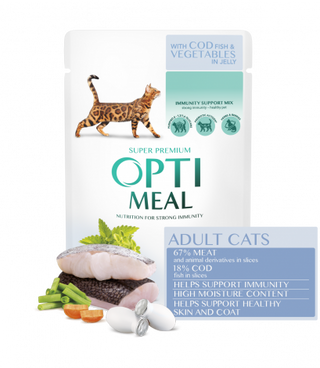 Optimeal Повнораціонний консервований корм для дорослих котів з тріскою та овочами в желе
