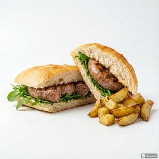 Panino con salsiccia alla siciliana e insalata  + patate al forno