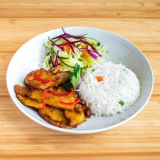 Kebab Vegetariano Seitan com Arroz Vegetariano e Salada