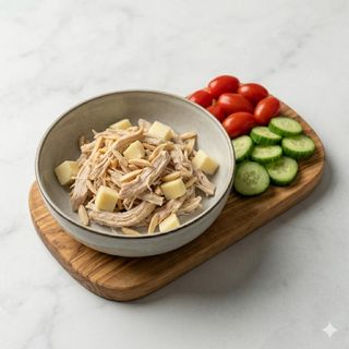 Sfilacci di pollo cotto a bassa temperatura, mandorle e caciocavallo