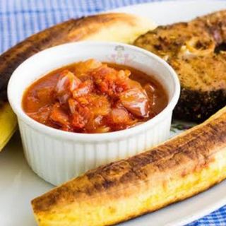 Roasted Plantain + Fish and peppered Sauce