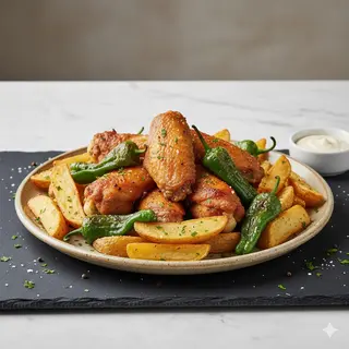 Ración De Alitas De Pollo Con Patata Y Pimientos