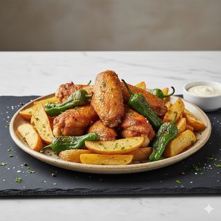 Ración De Alitas De Pollo Con Patata Y Pimientos