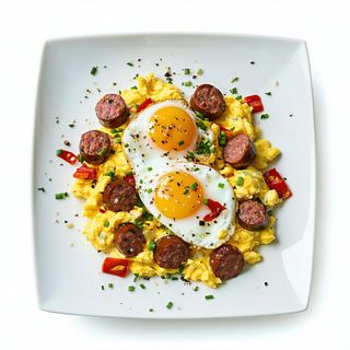 Scramble de huevos fritos y salchichas naturales de pavo