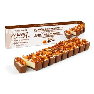 Turrón de Macadamia con Vainilla Bourbon de Madagascar y Caramelo Salado Vicens Estuche 300 Gr.