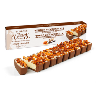 Turrón de Macadamia con Vainilla Bourbon de Madagascar y Caramelo Salado Vicens Estuche 300 Gr.