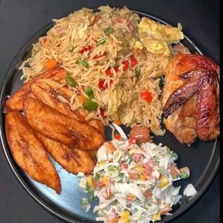 Coconut Rice, Fried Plantain & Peppered Chicken