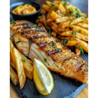 Grilled fish fillet with chips